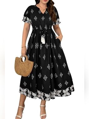 Black Printed Maxi Dress with Tassel Waist Western